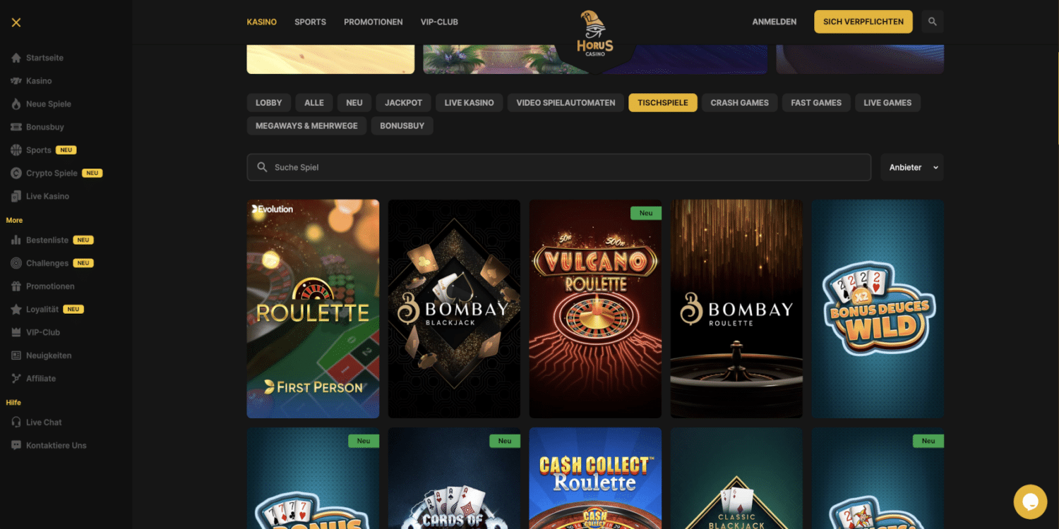 Horus Casino Tischspiele